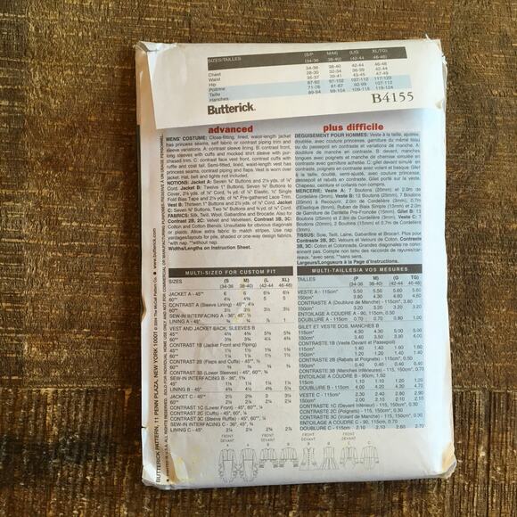 Butterick Sewing Pattern B4155 Mens Making History Hamilton Costume S M UNCUT - Picture 2 of 3